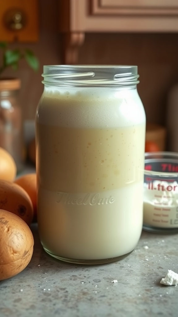 Bubbly potato yeast starter in a glass jar on a countertop with potatoes and flour.